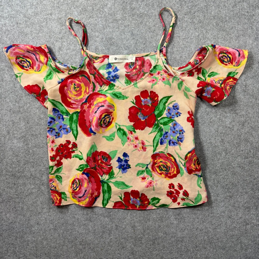 The Impeccable Pig Womens Cold Shoulder Top XS Pink Floral Flutter Sleeve